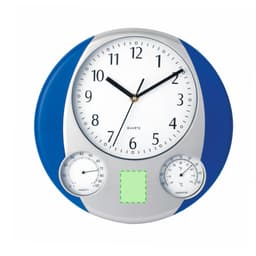 A round wall clock featuring a white face with black numbers, blue and silver casing, and dials for humidity and temperature.