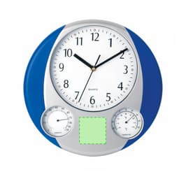 A round wall clock with a blue and silver design featuring a white face, black numbers, and dials for humidity and temperature.