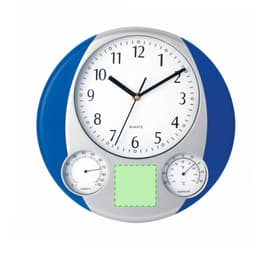 A blue and silver wall clock with a white face, featuring temperature and humidity gauges.