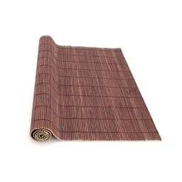 A rolled bamboo mat in earthy tones with a textured surface, featuring a simple design and natural aesthetic.