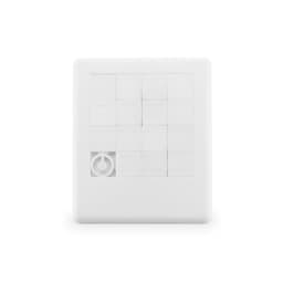 A white puzzle featuring a grid of squares, with one square missing and a circular button at the bottom left.
