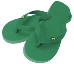 A pair of green flip flops with a simple design and a logo. Suitable for casual footwear.
