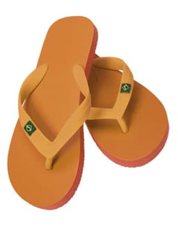 A pair of Brasiliera Flip Flops in orange with red soles, featuring a logo on the straps.