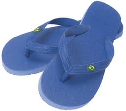 Blue flip flops with a thong design and a logo, featuring a simple and casual style.