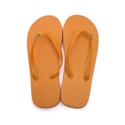 A pair of orange thongs with a simple design and a branded logo on one of the straps.