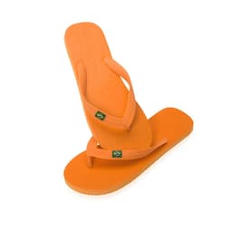An orange pair of thongs featuring a small logo, displayed with one thong on top of the other.