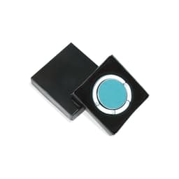 A turquoise foldable bag hanger inside a black presentation box, featuring a simple design and a metallic rim.