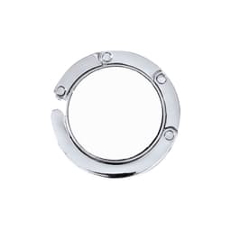 A circular, shiny silver metal item with a smooth surface and a clasp mechanism, featuring a simple design.