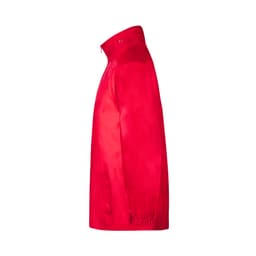 A bright red rain jacket displayed from the side, featuring a zip closure and pockets, with branding.