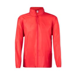A bright red rain jacket featuring a zip front, long sleeves, and two side pockets. It has a logo on the front.