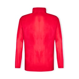 A red rain jacket with long sleeves and a high collar, featuring a simple design and a logo.