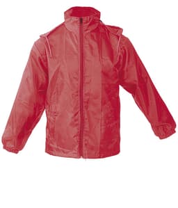 A red rain jacket with a zip front, hood, and elasticised cuffs. It features a logo on one side.