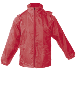 A red rain jacket featuring a hood and elastic cuffs, with a front zip and loose fit. It has a logo.