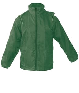 A green rain jacket with a zip front and adjustable hood. It features elastic cuffs and has a logo.