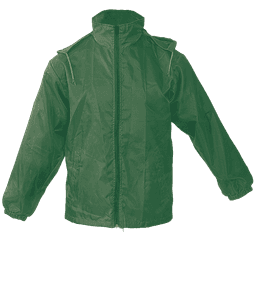 A green rain jacket with a zip front and adjustable hood, featuring elastic cuffs and a logo.