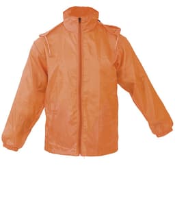 An orange Grid Raincoat featuring a front zip, hood, and elastic cuffs, designed for wet weather protection.