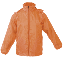 An orange rain jacket featuring a hood, zip closure, and elastic cuffs. It has a logo on the front.