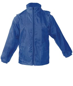 A blue rain jacket with a hood, featuring elastic cuffs and a full front zip, displaying a logo.