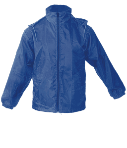 A blue rain jacket featuring a hood, zipper, and elastic cuffs, with a logo on the front.