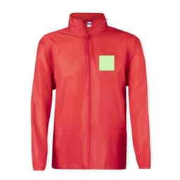 A red rain jacket with a zip front and a square embellishment on the chest. It features a standing collar and long sleeves.