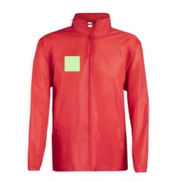 A red rain jacket featuring a zip front and a patch area for branding. Includes a standing collar and adjustable cuffs.