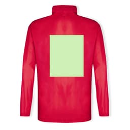 A red rain jacket featuring a large green square on the back, designed with a collar and long sleeves.