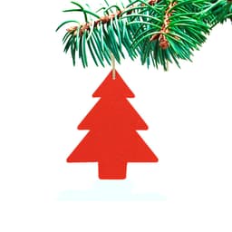 A red Christmas tree decoration hanging from a green pine branch. The background is white, highlighting the ornament.