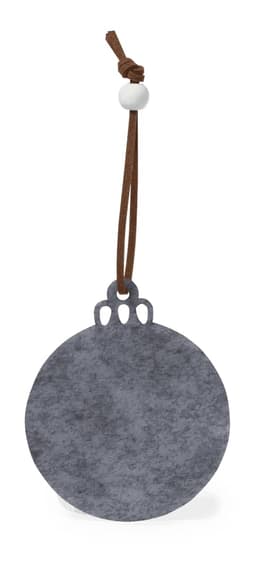 A grey circular tag with a leather string and bead attachment. It features a decorative cut-out design at the top.