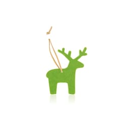 A green felt ornament shaped like a reindeer, complete with antlers and a hanging cord.