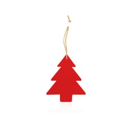 A red wooden Christmas tree decoration with a gold string for hanging.