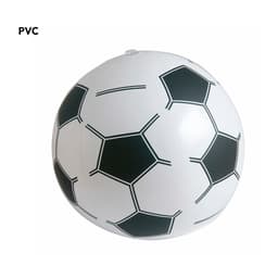 A white beach ball with a black soccer ball pattern. It is made from PVC and features a logo.