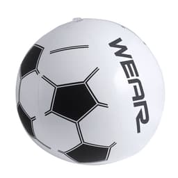 A white beach ball featuring a black soccer ball design and a logo, perfect for fun and games.