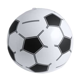 A beach ball designed with a classic soccer ball pattern in black and white. It features a logo.