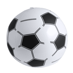 A beach ball designed like a soccer ball, featuring a white surface with black hexagonal patterns and a small valve.