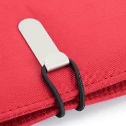 A red Neco Folder with a silver clip and elastic band detail. Ideal for office and business use.