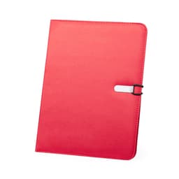 A red folder with a clip closure, featuring a smooth finish and an embedded logo.