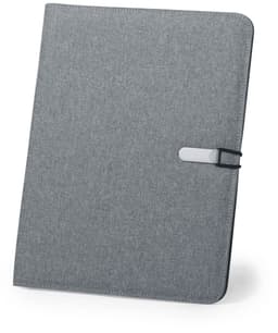 A grey folder with a textured finish, featuring a secure closure and a simple design. It has a branding logo.