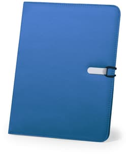 A blue Neco Folder featuring a white clip closure and a smooth exterior, suitable for office use.