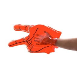 An oversized inflatable hand in bright orange, shaped in a peace sign, held by a hand.