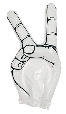 An inflatable hand shaped into a peace sign, featuring a black outline on a white background.