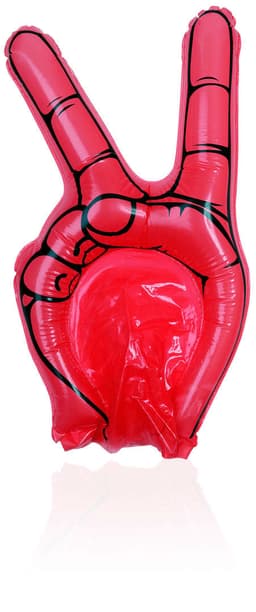 A large, inflatable red hand with two fingers raised in a peace sign. It features black outlines and details.