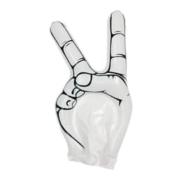 An inflatable novelty item shaped like a hand making a peace sign, featuring a black and white design.