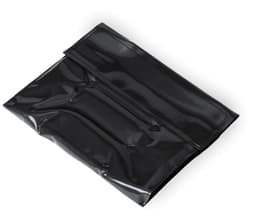A black insulated bottle cooler with a glossy finish and a fold-over flap. It features a logo on the front.
