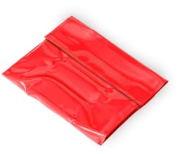 A drink bottle cooler in vibrant red, featuring a smooth, glossy finish and a fold-over design.