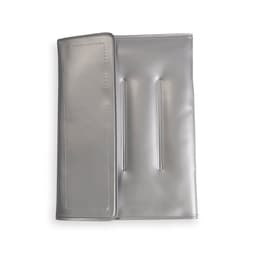 A drink bottle cooler in silver, designed to keep bottles chilled. It features a sleek, smooth texture and has a branding logo.