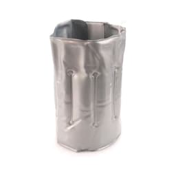 A drink bottle cooler in sleek silver, designed to hold and chill beverage bottles. It features a branding logo.