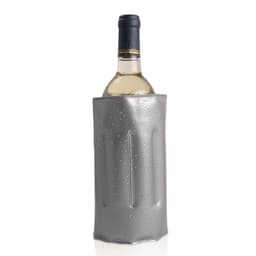 A drink bottle cooler in metallic grey, designed to keep beverages chilled, with a textured surface and moisture droplets.