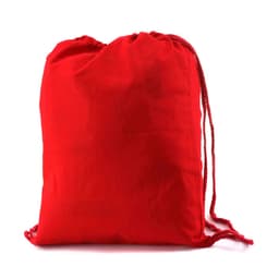 A red drawstring bag with a simple design and matching red cords, featuring a logo.