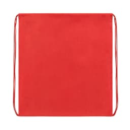 A red drawstring bag with matching straps and a simple design, featuring a logo on one side.