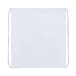 A white drawstring bag with a simple design and a branding logo.
